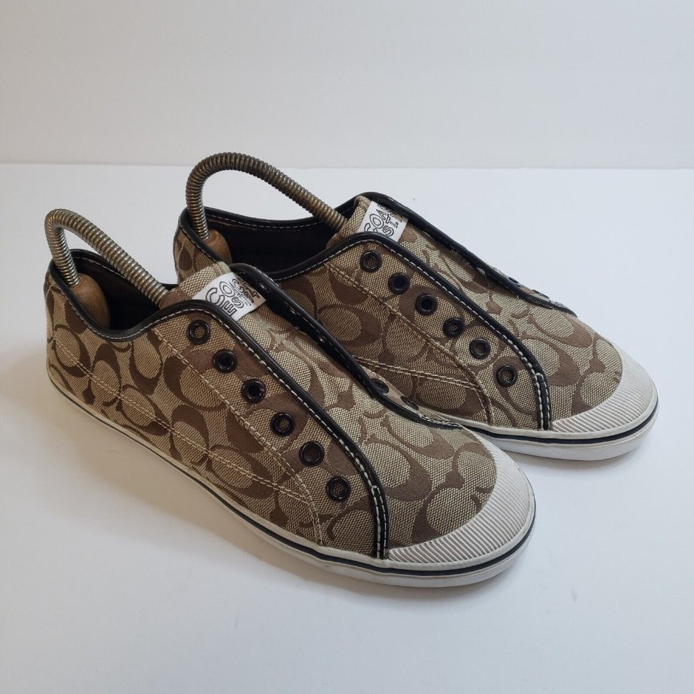 Coach Womens Kira Sneakers Size 9 B Monogram Logo Tan Brown Slip On Flat Low